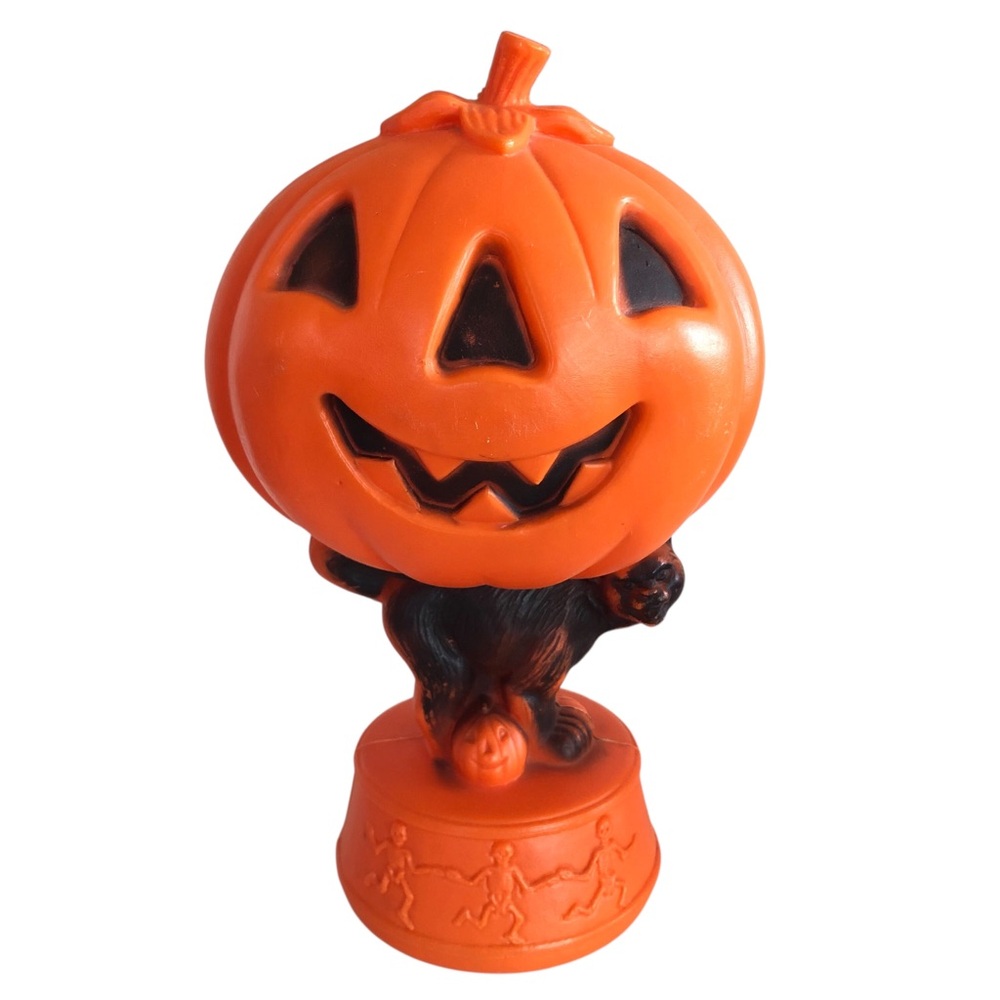 VINTAGE 60s 70s Black Cat JOL Jackolantern Dancing Skeletons Blow Mold Light MCM